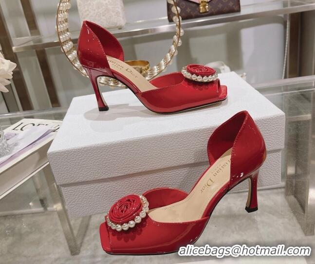 Trendy Design Dior Rose Heeled Sandals 8.5cm in Red Patent Calfskin and White Resin Pearls 0106040