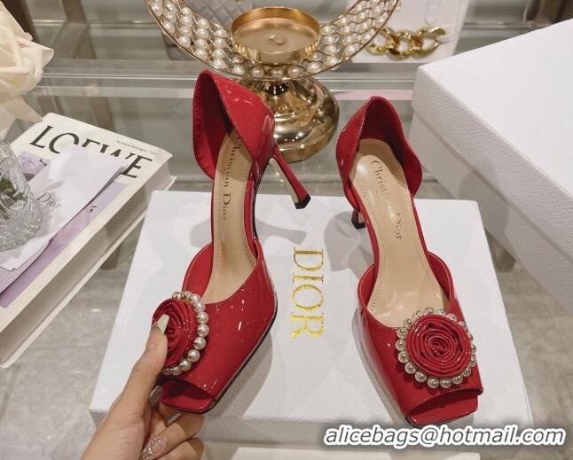 Trendy Design Dior Rose Heeled Sandals 8.5cm in Red Patent Calfskin and White Resin Pearls 0106040