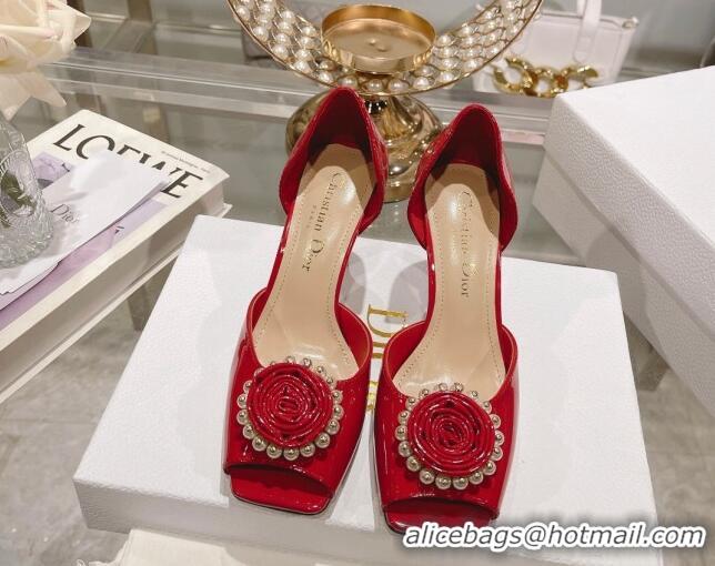 Trendy Design Dior Rose Heeled Sandals 8.5cm in Red Patent Calfskin and White Resin Pearls 0106040