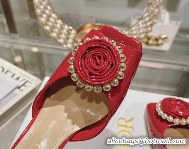 Trendy Design Dior Rose Heeled Sandals 8.5cm in Red Patent Calfskin and White Resin Pearls 0106040