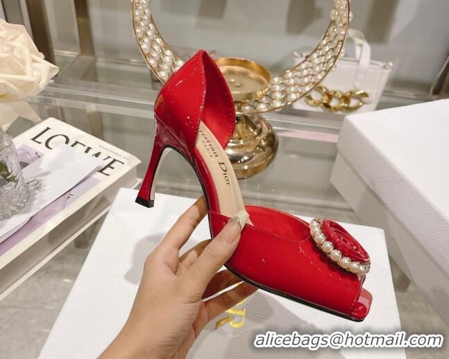 Trendy Design Dior Rose Heeled Sandals 8.5cm in Red Patent Calfskin and White Resin Pearls 0106040