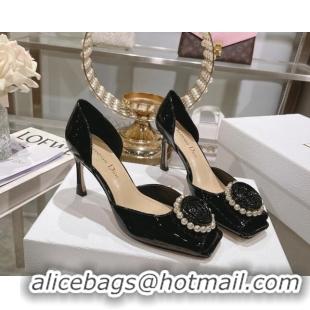 Good Looking Dior Rose Heeled Sandals 8.5cm in Black Patent Calfskin and White Resin Pearls 2106041