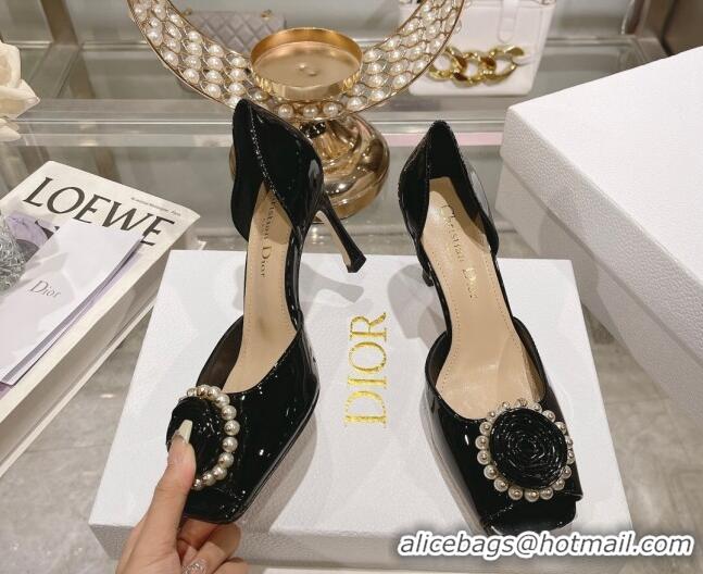 Good Looking Dior Rose Heeled Sandals 8.5cm in Black Patent Calfskin and White Resin Pearls 2106041