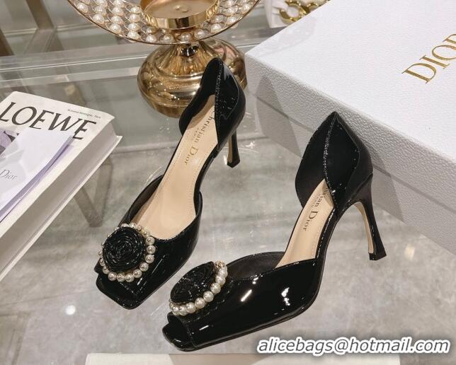 Good Looking Dior Rose Heeled Sandals 8.5cm in Black Patent Calfskin and White Resin Pearls 2106041