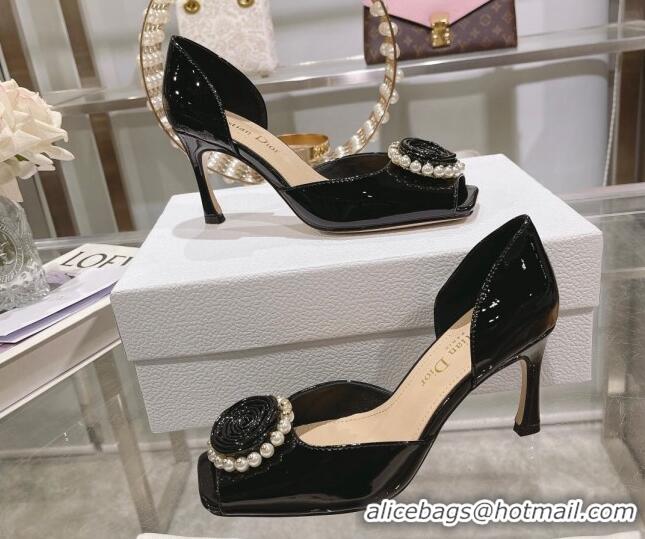 Good Looking Dior Rose Heeled Sandals 8.5cm in Black Patent Calfskin and White Resin Pearls 2106041