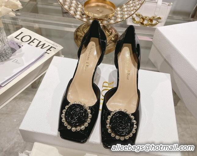 Good Looking Dior Rose Heeled Sandals 8.5cm in Black Patent Calfskin and White Resin Pearls 2106041