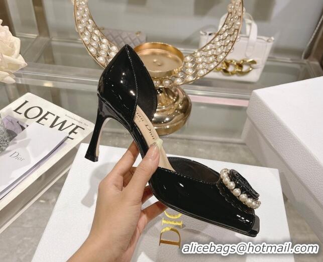 Good Looking Dior Rose Heeled Sandals 8.5cm in Black Patent Calfskin and White Resin Pearls 2106041