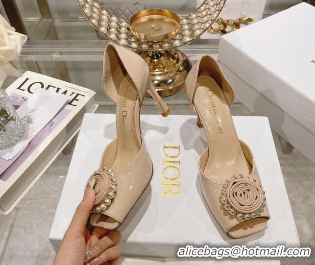 Best Product Dior Rose Heeled Sandals 8.5cm in Nude Patent Calfskin and White Resin Pearls 2106042