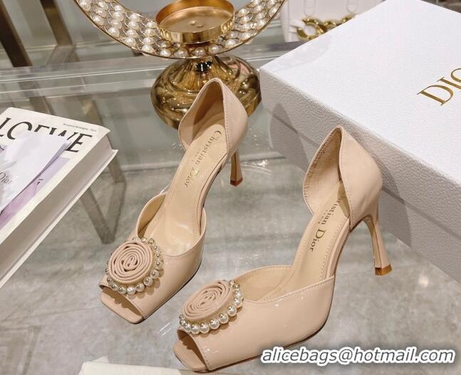 Best Product Dior Rose Heeled Sandals 8.5cm in Nude Patent Calfskin and White Resin Pearls 2106042