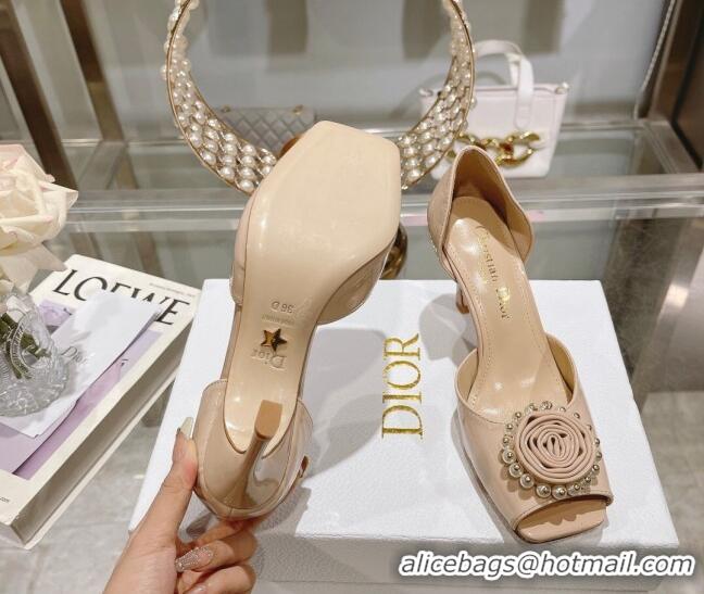 Best Product Dior Rose Heeled Sandals 8.5cm in Nude Patent Calfskin and White Resin Pearls 2106042