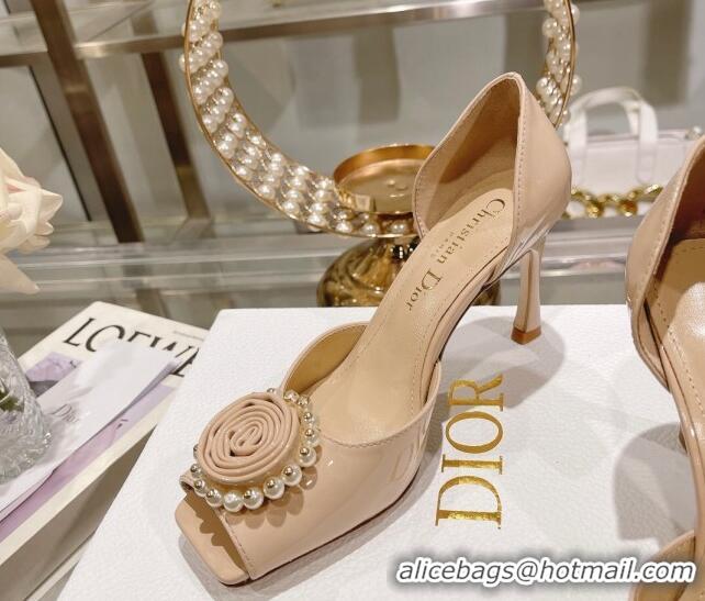 Best Product Dior Rose Heeled Sandals 8.5cm in Nude Patent Calfskin and White Resin Pearls 2106042