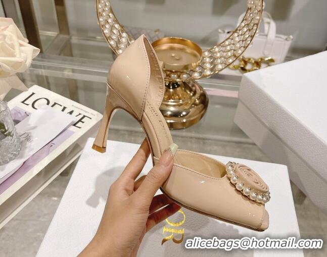 Best Product Dior Rose Heeled Sandals 8.5cm in Nude Patent Calfskin and White Resin Pearls 2106042