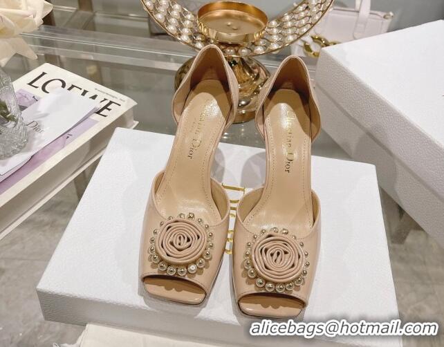 Best Product Dior Rose Heeled Sandals 8.5cm in Nude Patent Calfskin and White Resin Pearls 2106042