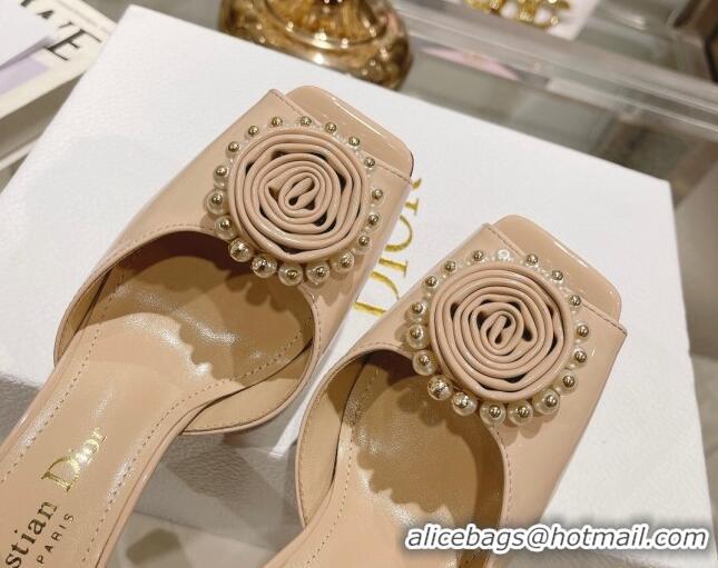 Best Product Dior Rose Heeled Sandals 8.5cm in Nude Patent Calfskin and White Resin Pearls 2106042