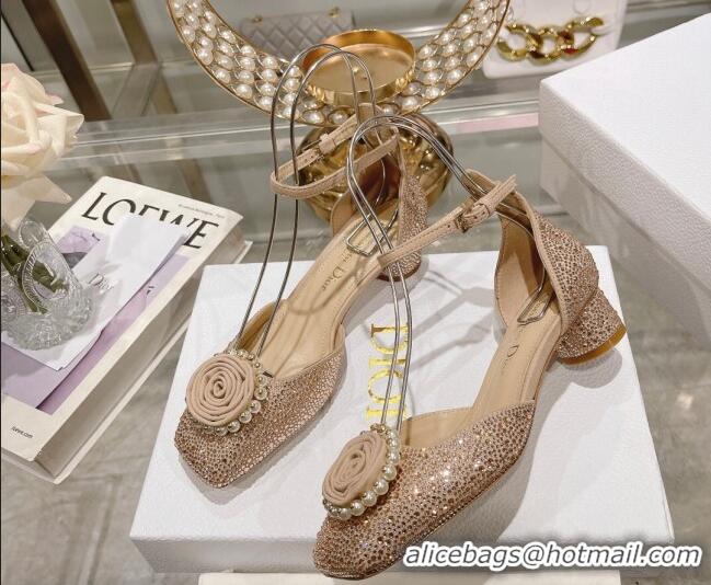 Good Product Dior Rose Pumps 3.5cm in Suede with Strass and White Resin Pearls Apricot 106043