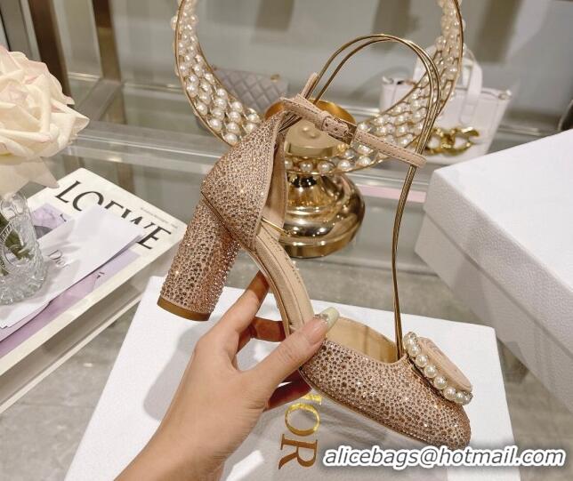 Good Product Dior Rose Pumps 3.5cm in Suede with Strass and White Resin Pearls Apricot 106043