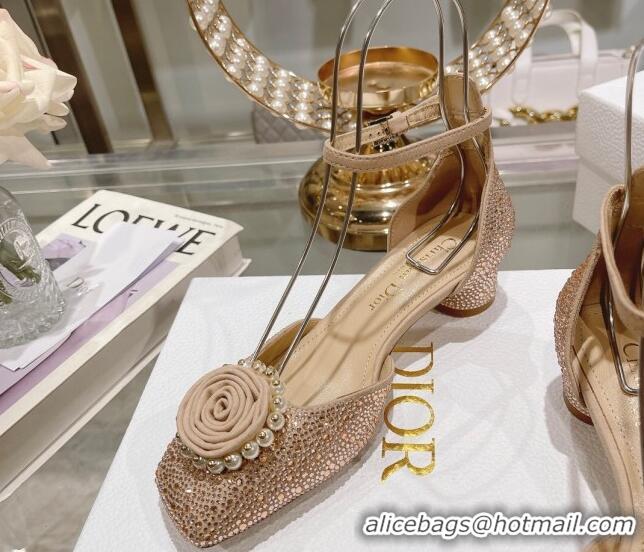 Good Product Dior Rose Pumps 3.5cm in Suede with Strass and White Resin Pearls Apricot 106043