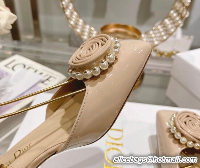 Best Quality Dior Rose Pumps 3.5cm in Nude Patent Calfskin and White Resin Pearls 2106045