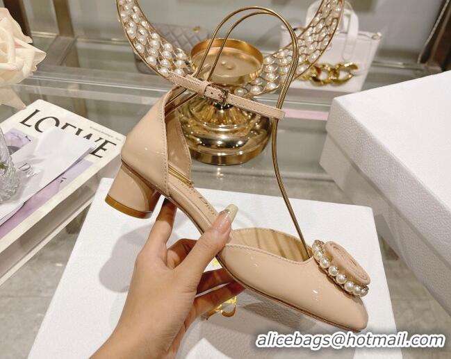 Best Quality Dior Rose Pumps 3.5cm in Nude Patent Calfskin and White Resin Pearls 2106045