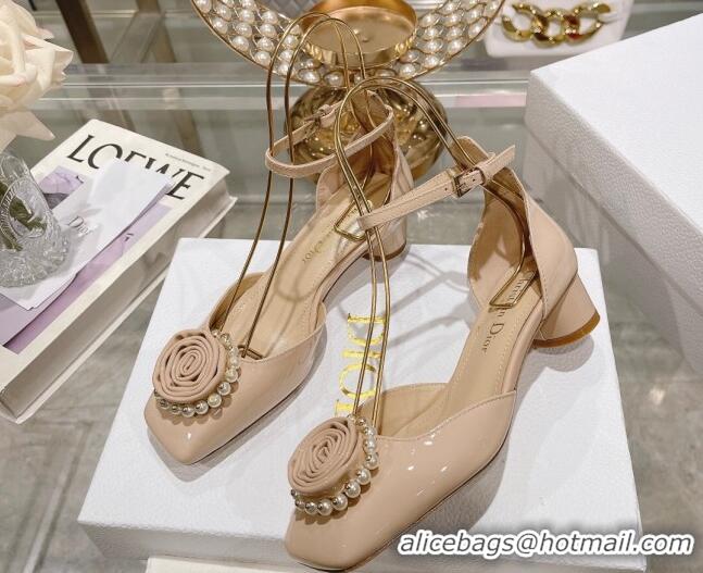 Best Quality Dior Rose Pumps 3.5cm in Nude Patent Calfskin and White Resin Pearls 2106045