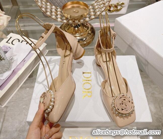 Best Quality Dior Rose Pumps 3.5cm in Nude Patent Calfskin and White Resin Pearls 2106045