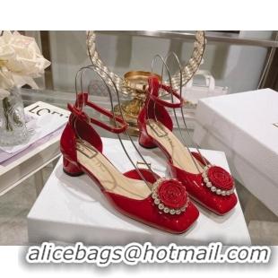 Charming Dior Rose Pumps 3.5cm in Red Patent Calfskin and White Resin Pearls 2106046