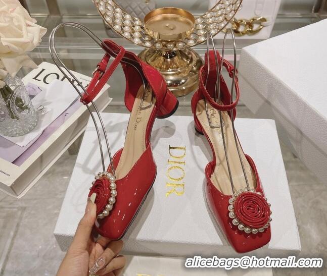 Charming Dior Rose Pumps 3.5cm in Red Patent Calfskin and White Resin Pearls 2106046