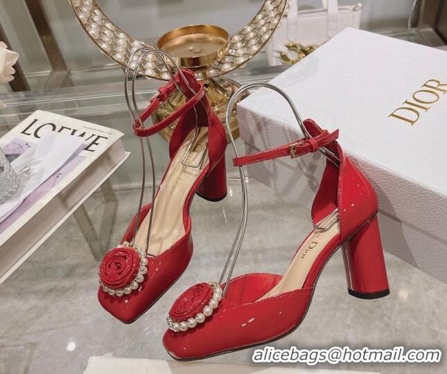 Charming Dior Rose Pumps 3.5cm in Red Patent Calfskin and White Resin Pearls 2106046