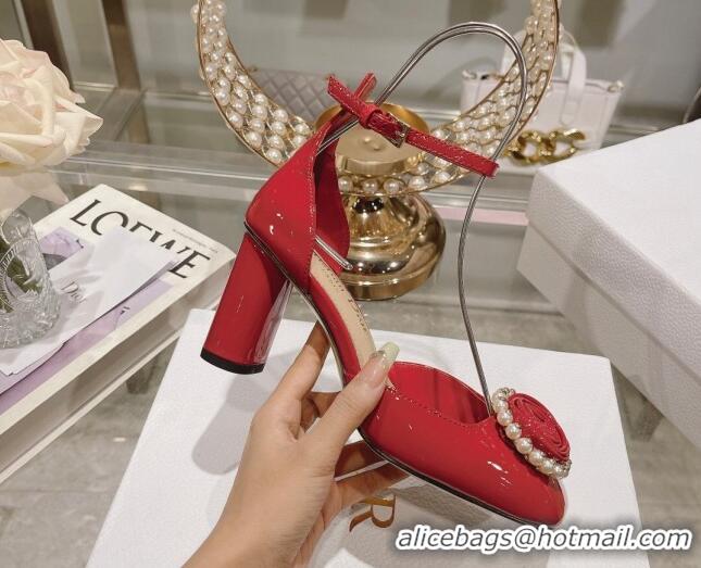 Charming Dior Rose Pumps 3.5cm in Red Patent Calfskin and White Resin Pearls 2106046