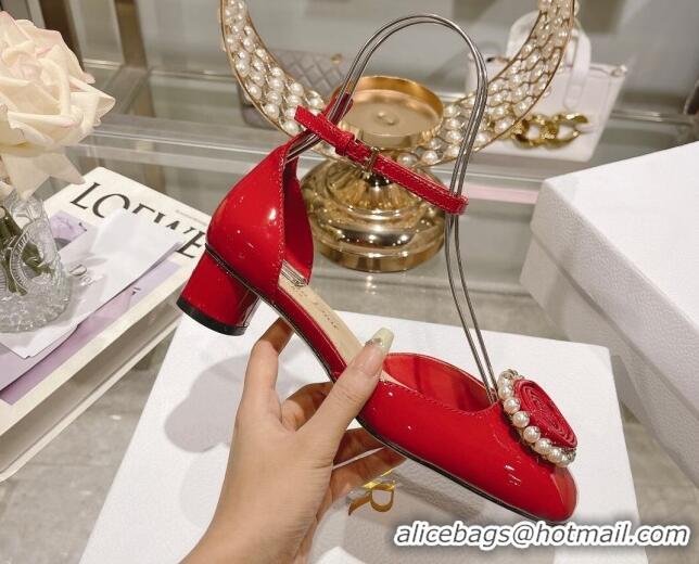 Charming Dior Rose Pumps 3.5cm in Red Patent Calfskin and White Resin Pearls 2106046