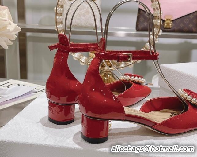 Charming Dior Rose Pumps 3.5cm in Red Patent Calfskin and White Resin Pearls 2106046