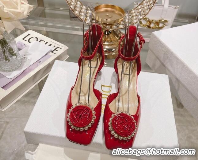 Charming Dior Rose Pumps 3.5cm in Red Patent Calfskin and White Resin Pearls 2106046