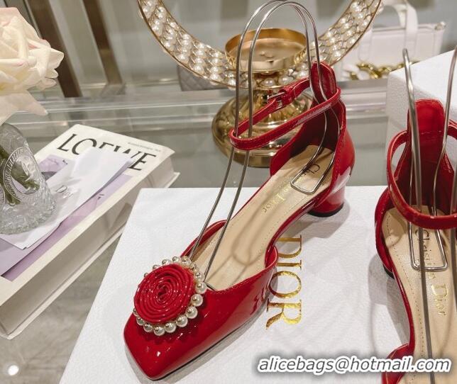 Charming Dior Rose Pumps 3.5cm in Red Patent Calfskin and White Resin Pearls 2106046