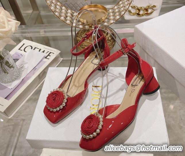 Charming Dior Rose Pumps 3.5cm in Red Patent Calfskin and White Resin Pearls 2106046