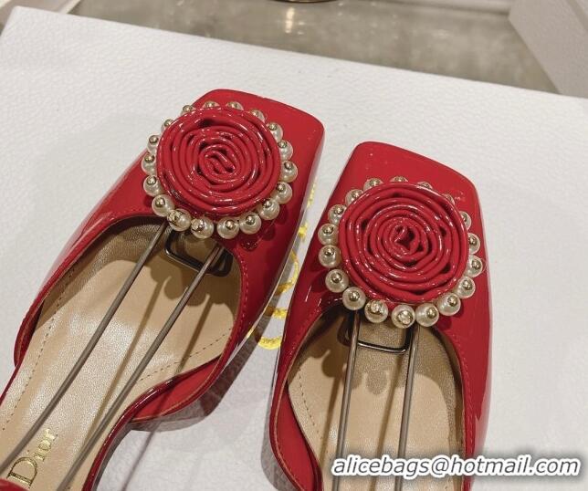 Charming Dior Rose Pumps 3.5cm in Red Patent Calfskin and White Resin Pearls 2106046