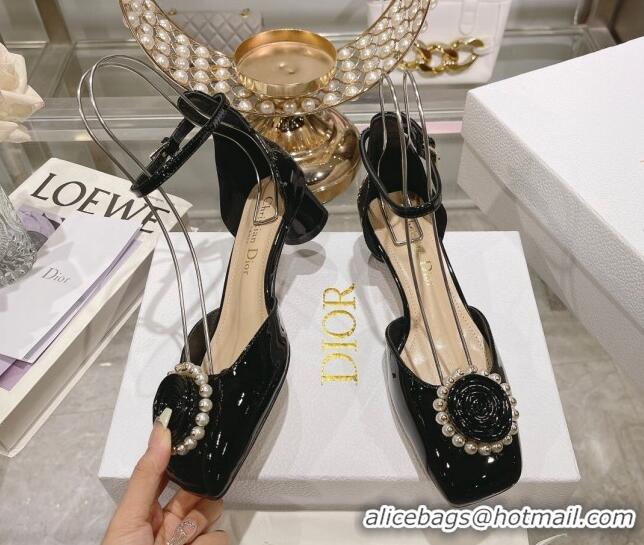 Top Quality Dior Rose Pumps 3.5cm in Black Patent Calfskin and White Resin Pearls 2106047