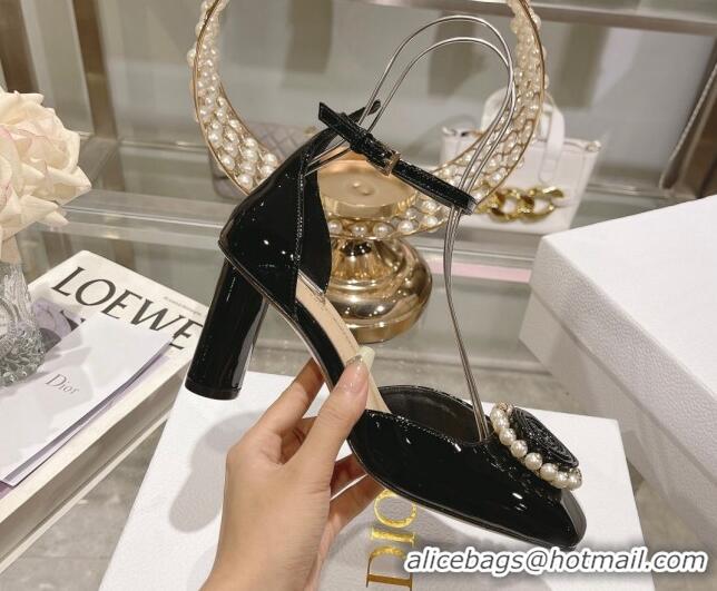 Top Quality Dior Rose Pumps 3.5cm in Black Patent Calfskin and White Resin Pearls 2106047