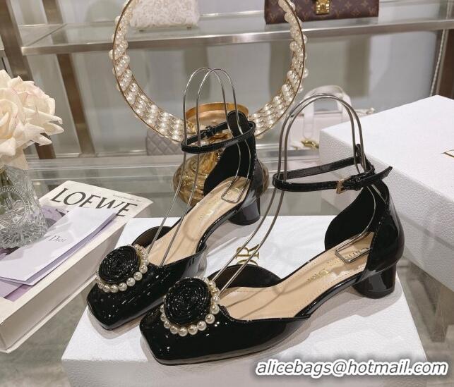 Top Quality Dior Rose Pumps 3.5cm in Black Patent Calfskin and White Resin Pearls 2106047