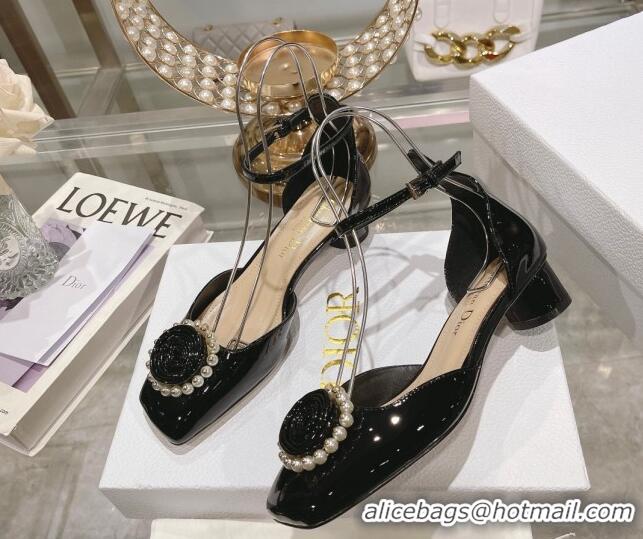 Top Quality Dior Rose Pumps 3.5cm in Black Patent Calfskin and White Resin Pearls 2106047