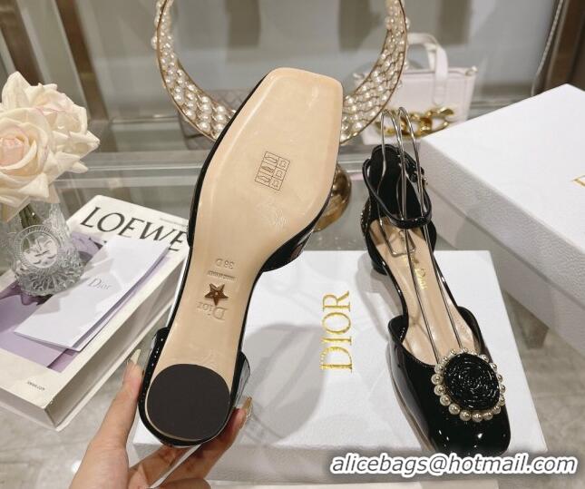 Top Quality Dior Rose Pumps 3.5cm in Black Patent Calfskin and White Resin Pearls 2106047