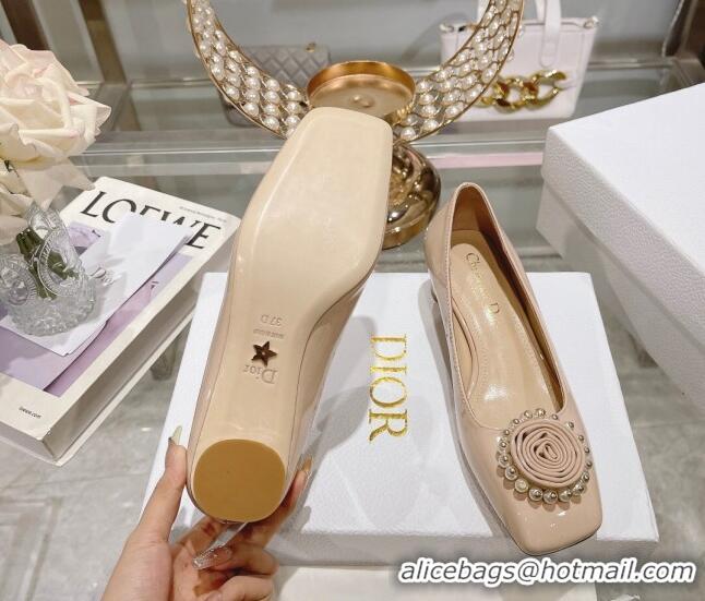 Good Quality Dior Rose Low Heel Pumps 3.5cm in Patent Calfskin and Resin Pearls Nude 2106048