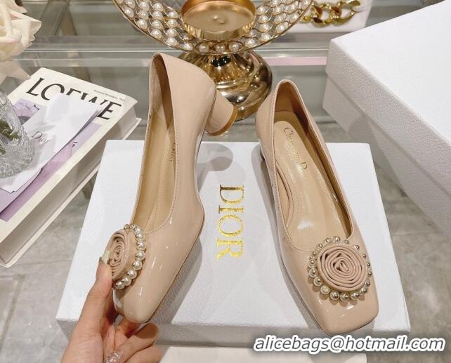 Good Quality Dior Rose Low Heel Pumps 3.5cm in Patent Calfskin and Resin Pearls Nude 2106048