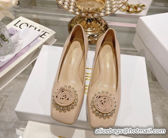 Good Quality Dior Rose Low Heel Pumps 3.5cm in Patent Calfskin and Resin Pearls Nude 2106048