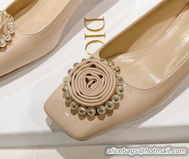 Good Quality Dior Rose Low Heel Pumps 3.5cm in Patent Calfskin and Resin Pearls Nude 2106048