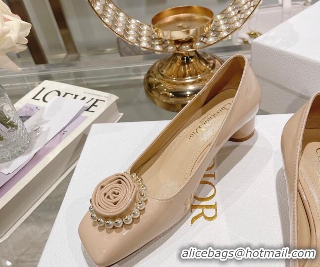 Good Quality Dior Rose Low Heel Pumps 3.5cm in Patent Calfskin and Resin Pearls Nude 2106048