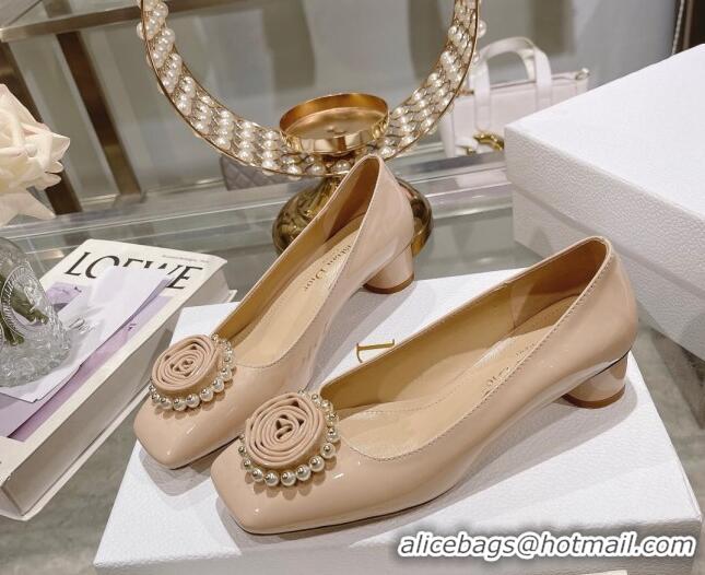 Good Quality Dior Rose Low Heel Pumps 3.5cm in Patent Calfskin and Resin Pearls Nude 2106048