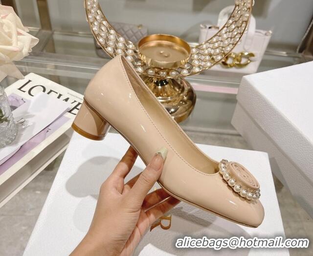 Good Quality Dior Rose Low Heel Pumps 3.5cm in Patent Calfskin and Resin Pearls Nude 2106048