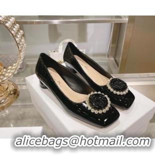 Low Price Dior Rose Low Heel Pumps 3.5cm in Patent Calfskin and Resin Pearls Black 106049