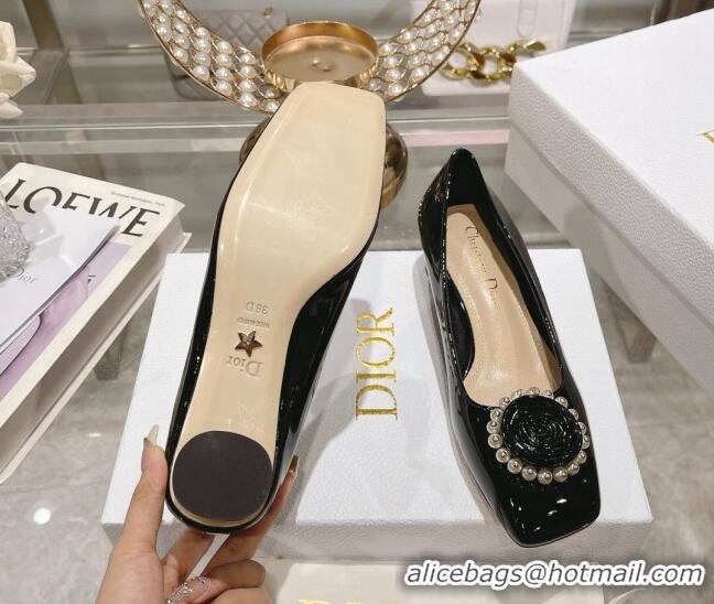 Low Price Dior Rose Low Heel Pumps 3.5cm in Patent Calfskin and Resin Pearls Black 106049