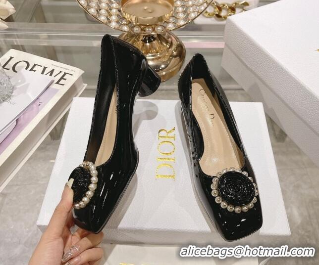 Low Price Dior Rose Low Heel Pumps 3.5cm in Patent Calfskin and Resin Pearls Black 106049